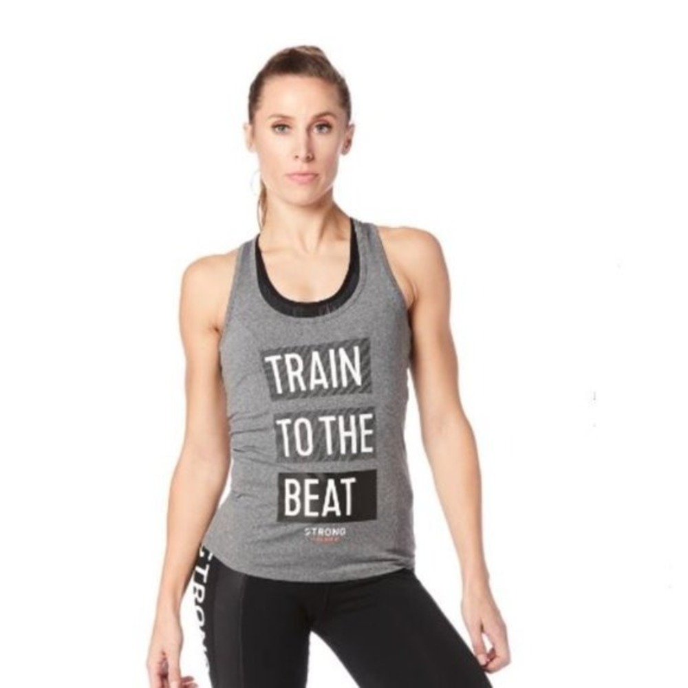 Strong by Zumba Womens Tank Top‎ L Gray Train To The Beat Racerback Athletic Gym